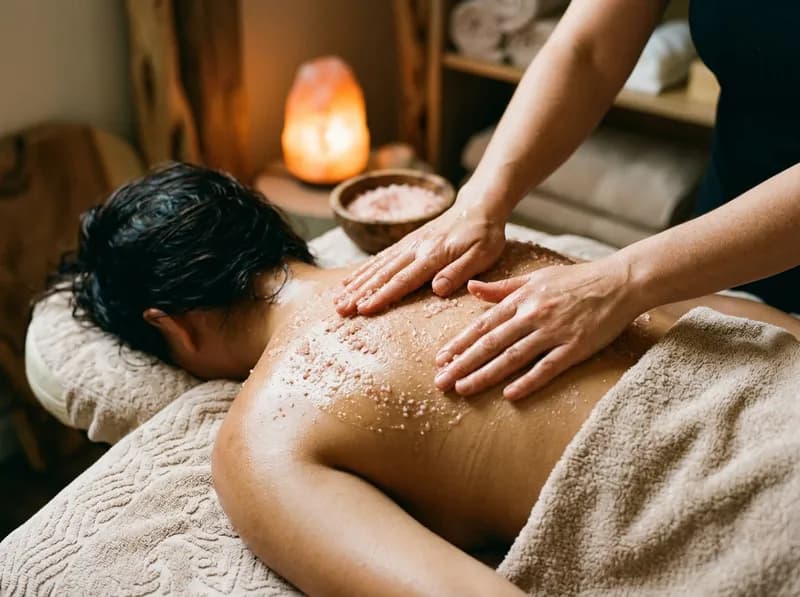 Mãos a espalhar sal rosa grosso nas costas de uma cliente durante uma massagem de sal, ilustração